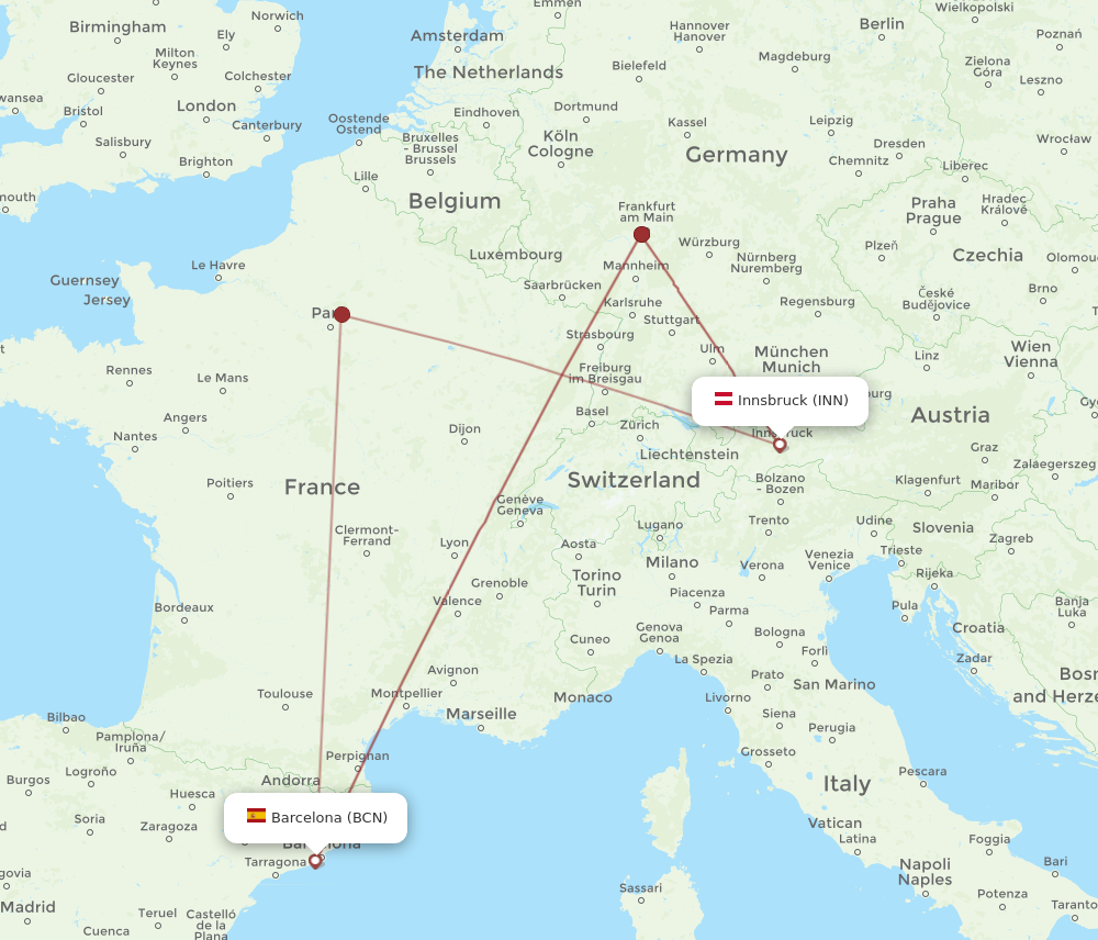 INN to BCN flights and routes map