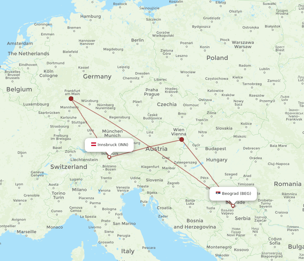 INN to BEG flights and routes map