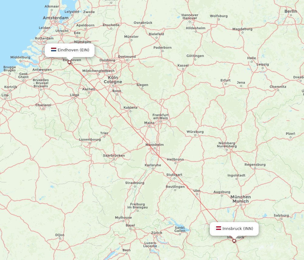 Innsbruck - Eindhoven route map and flight paths