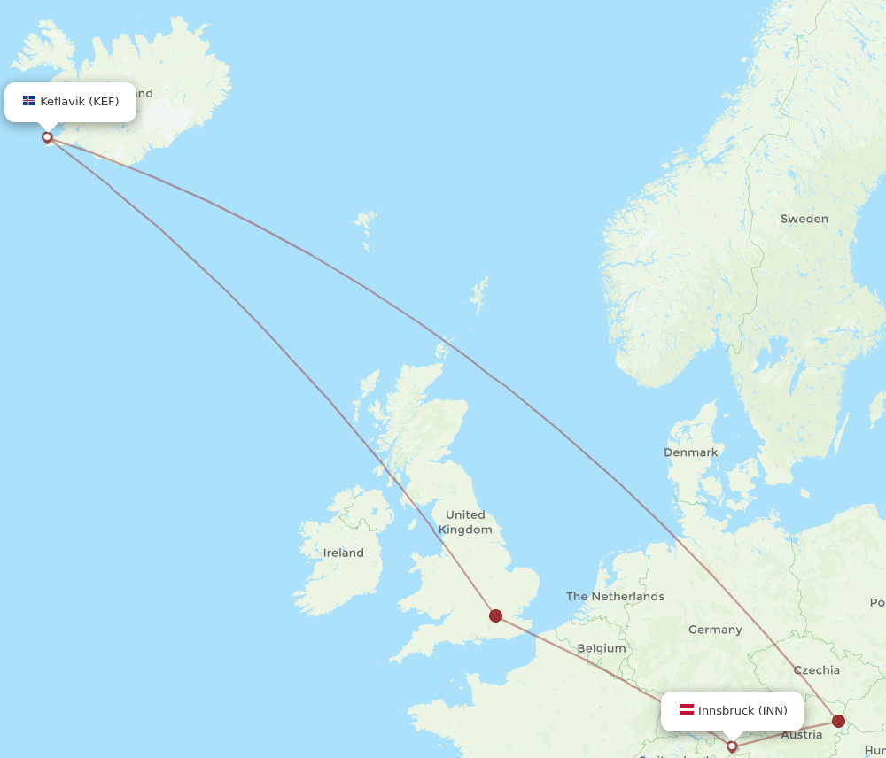 INN to KEF flights and routes map