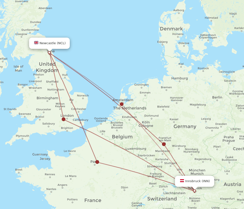 INN to NCL flights and routes map