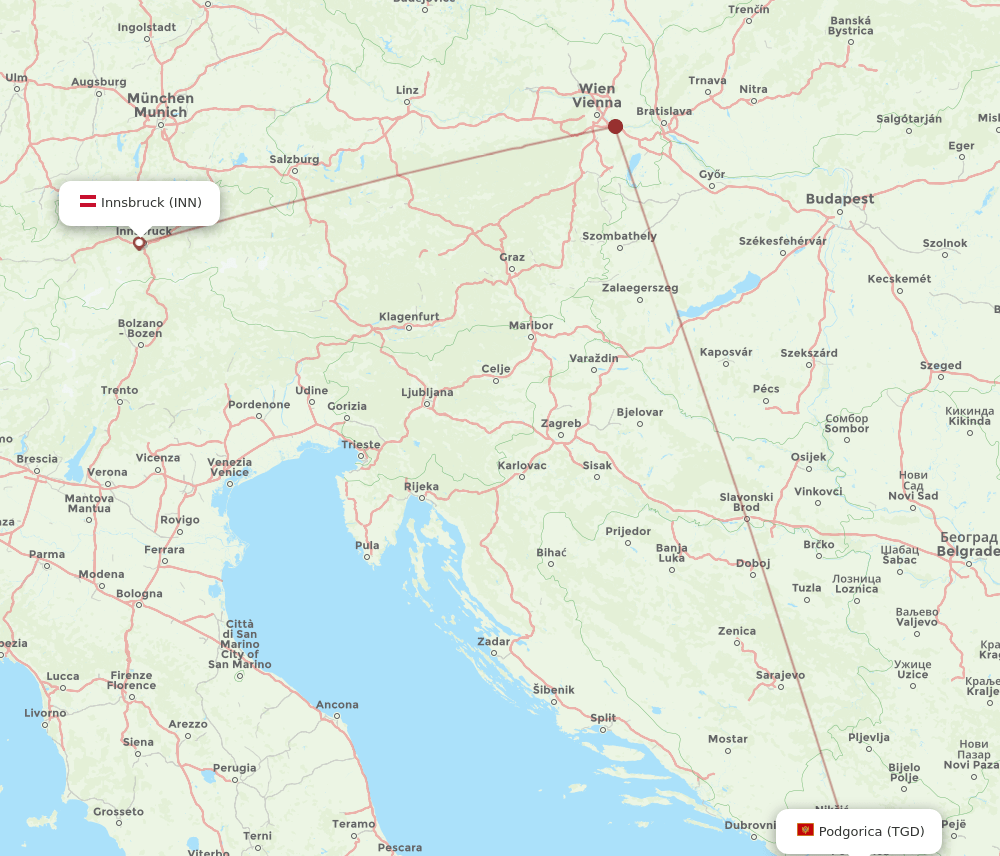 INN to TGD flights and routes map