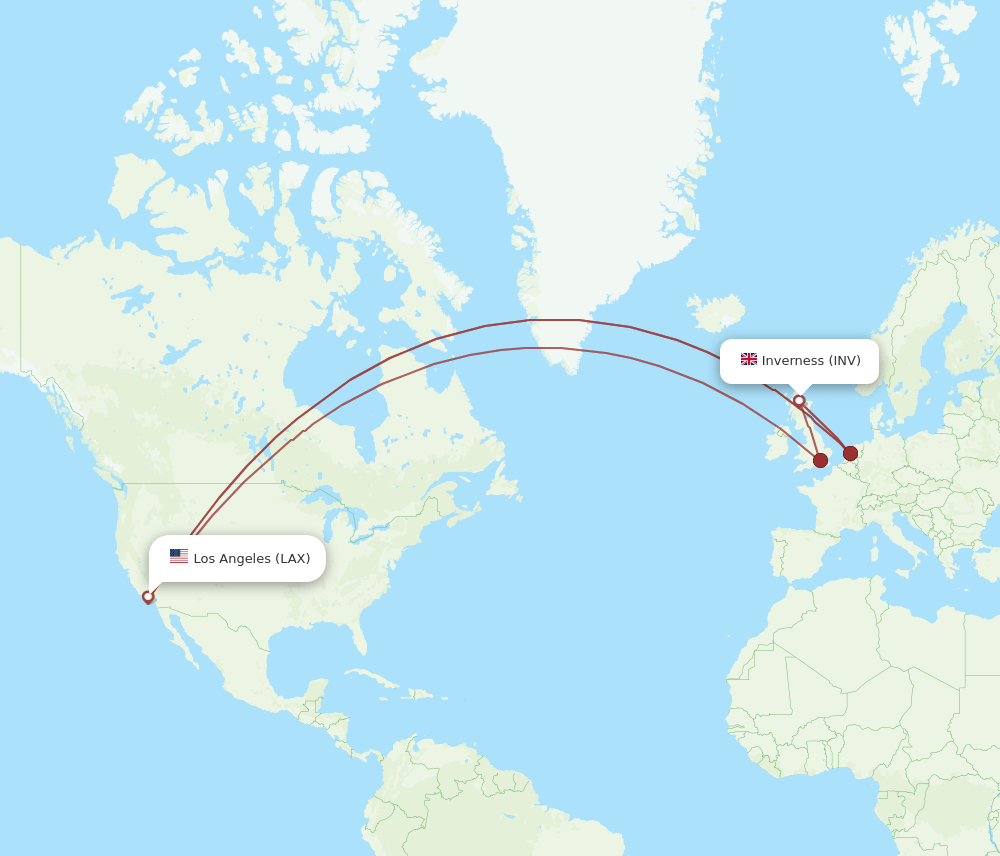 INV to LAX flights and routes map