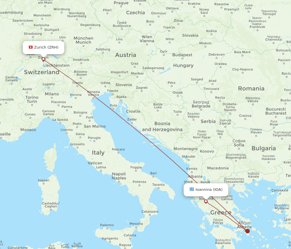 Zurich - Ioannina route map and flight paths