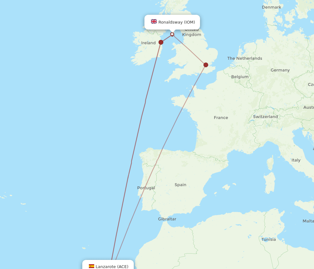 Lanzarote - Isle Of Man route map and flight paths