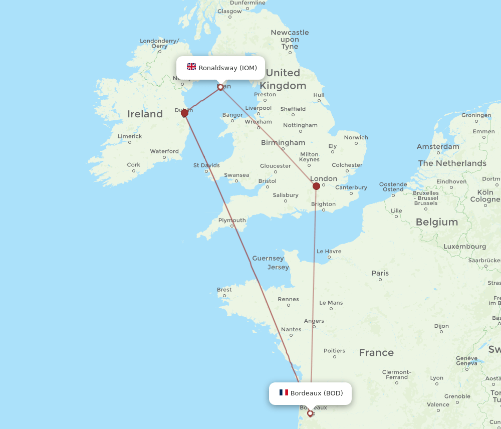 IOM to BOD flights and routes map