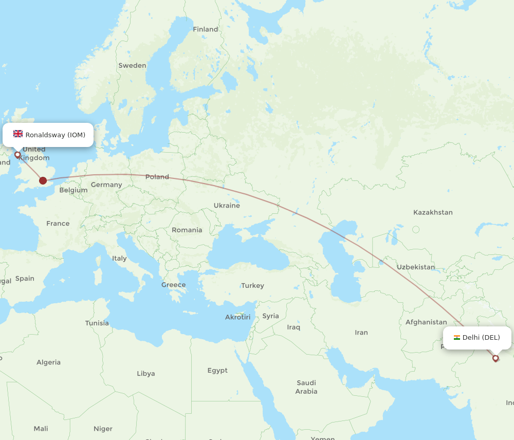 Delhi - Isle Of Man route map and flight paths