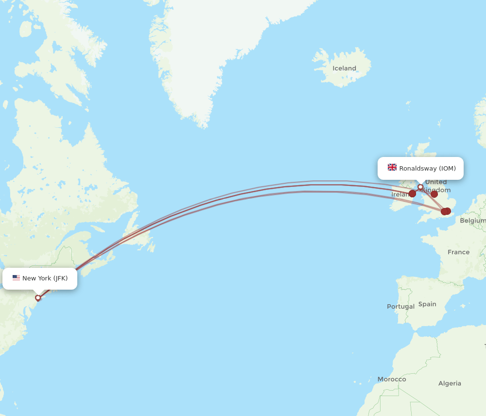 IOM to JFK flights and routes map