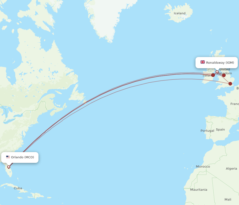 IOM to MCO flights and routes map