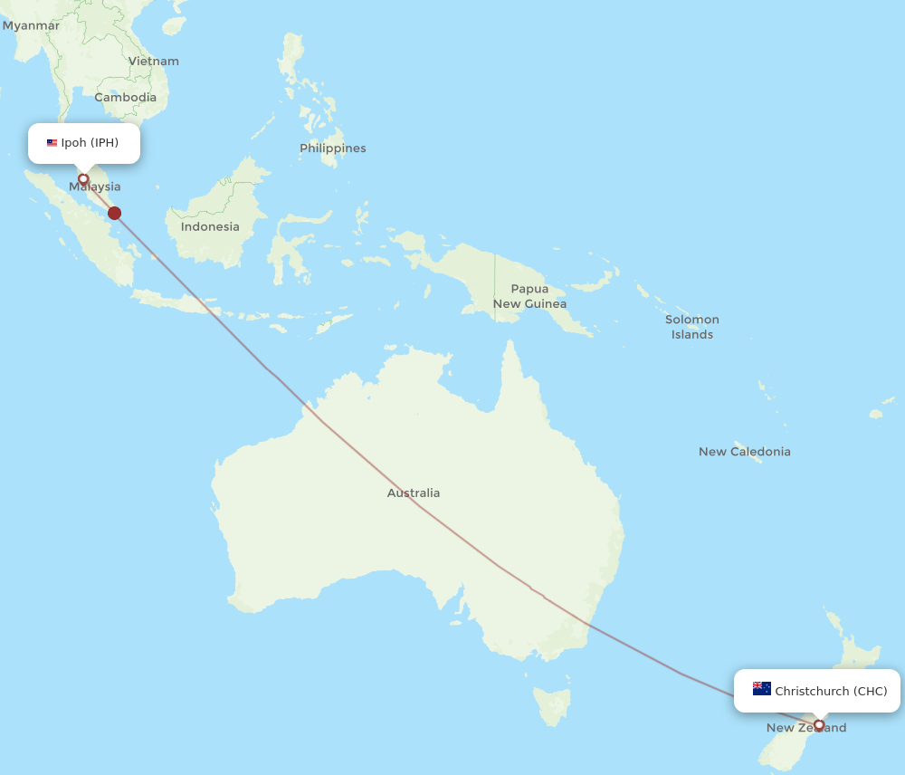 Christchurch - Ipoh route map and flight paths