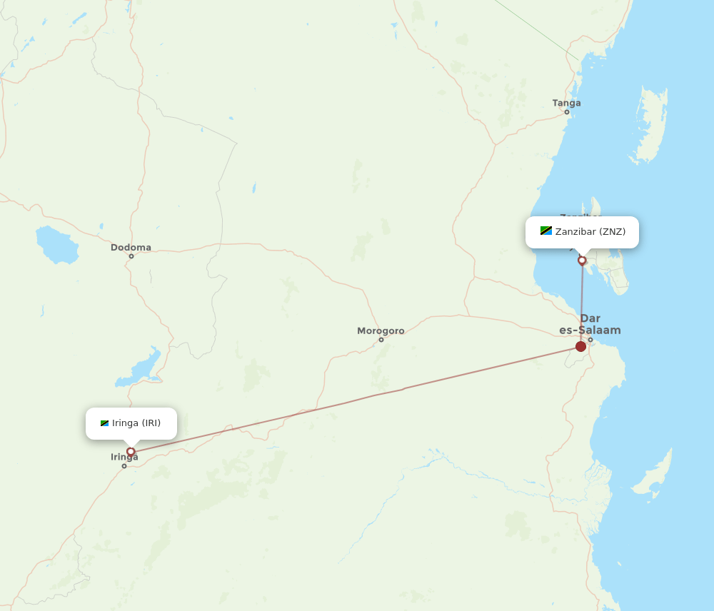 Zanzibar - Iringa route map and flight paths