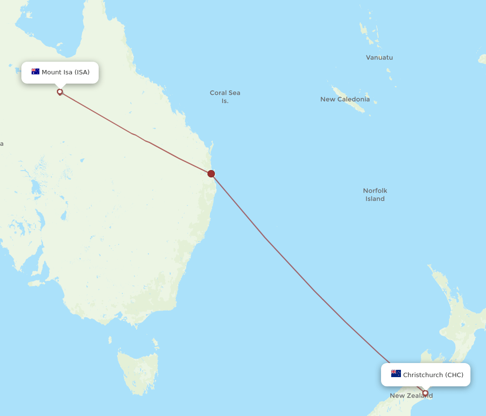 Christchurch - Mount Isa route map and flight paths