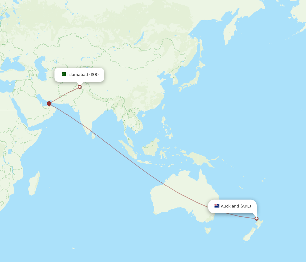 Auckland - Islamabad route map and flight paths