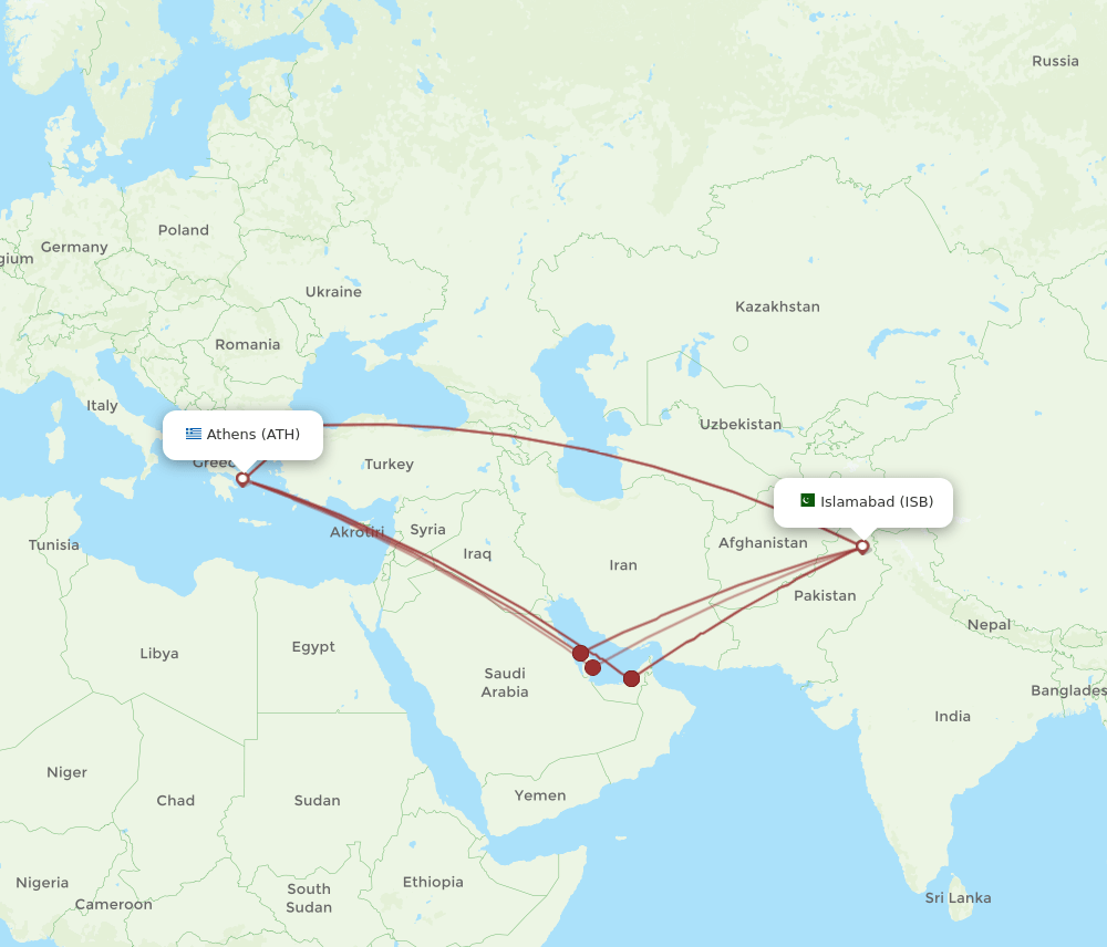 ISB to ATH flights and routes map