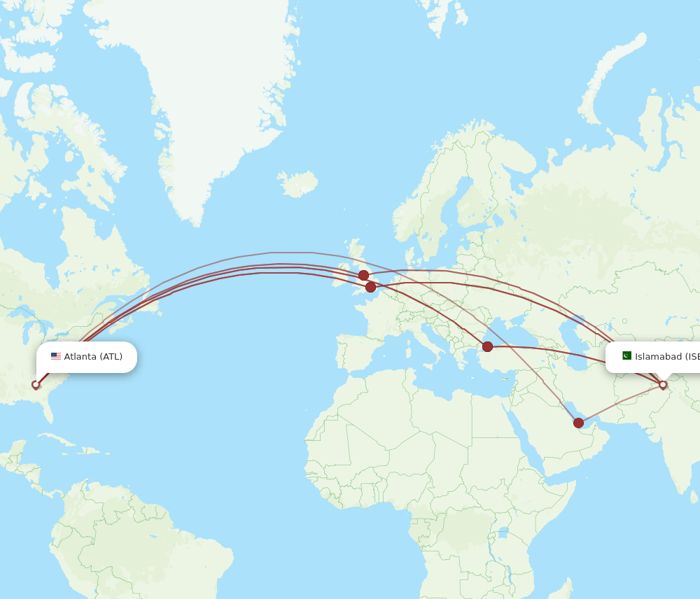 ISB to ATL flights and routes map