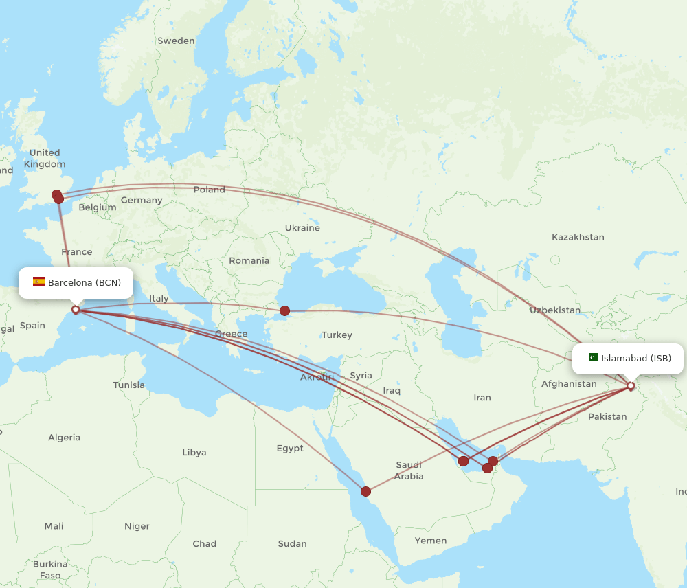 ISB-BCN flight routes
