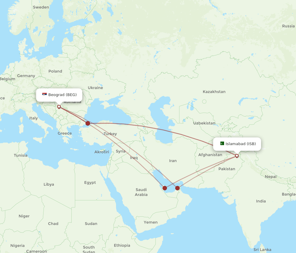 ISB to BEG flights and routes map