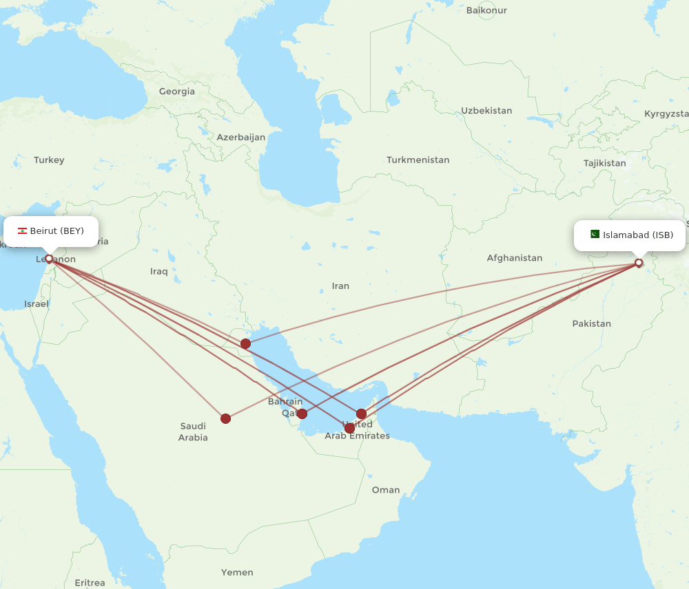 ISB to BEY flights and routes map