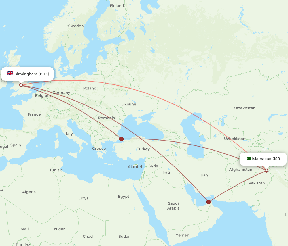 ISB to BHX flights and routes map