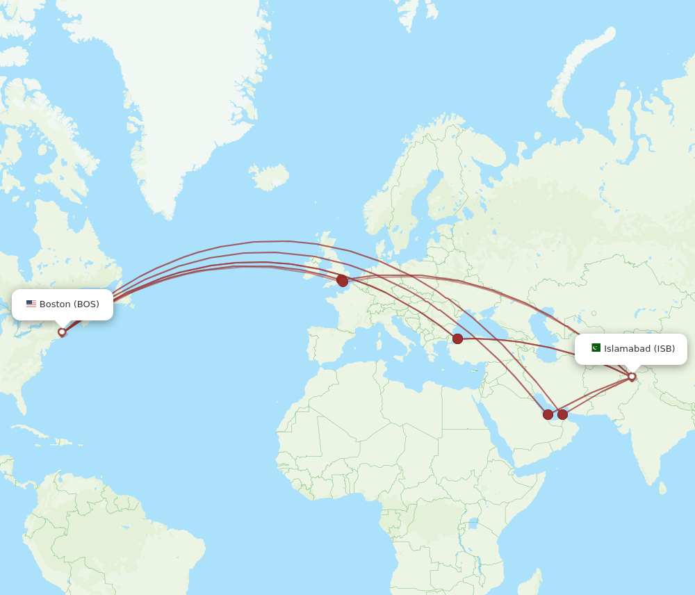 ISB-BOS flight routes
