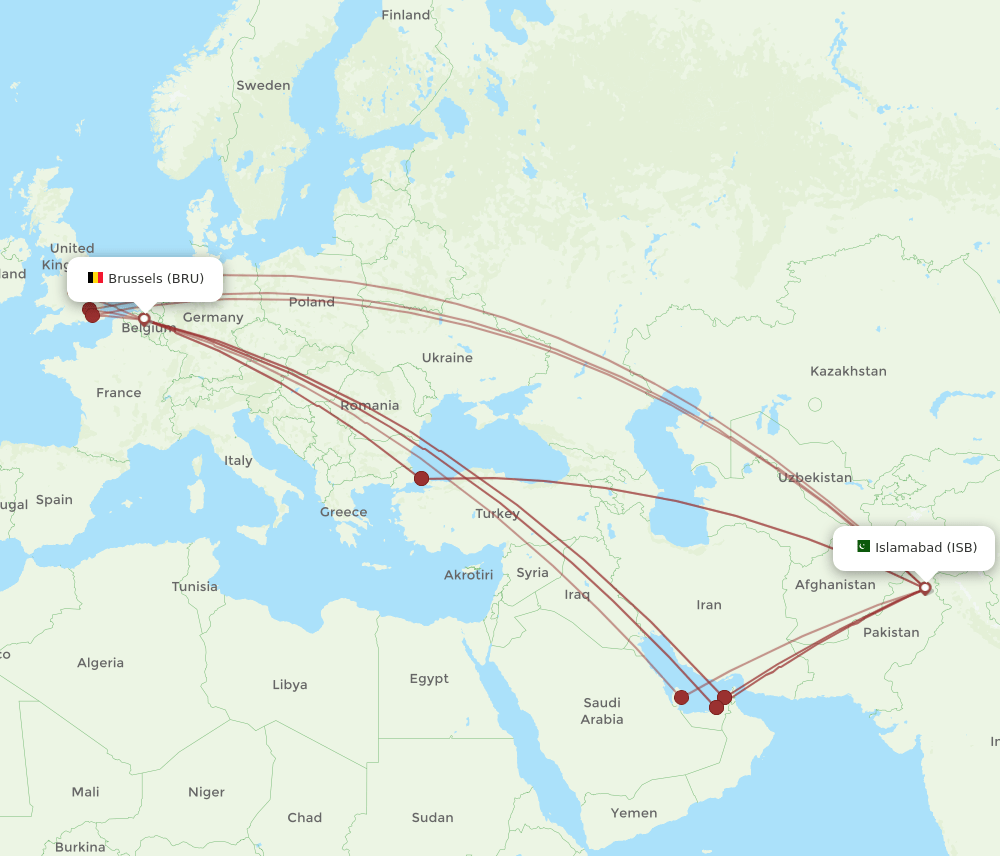 ISB-BRU flight routes