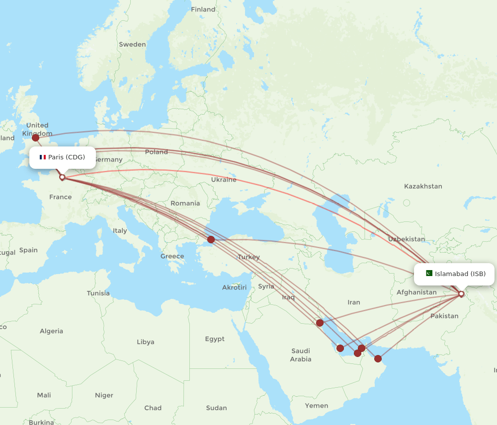 ISB-CDG flight routes