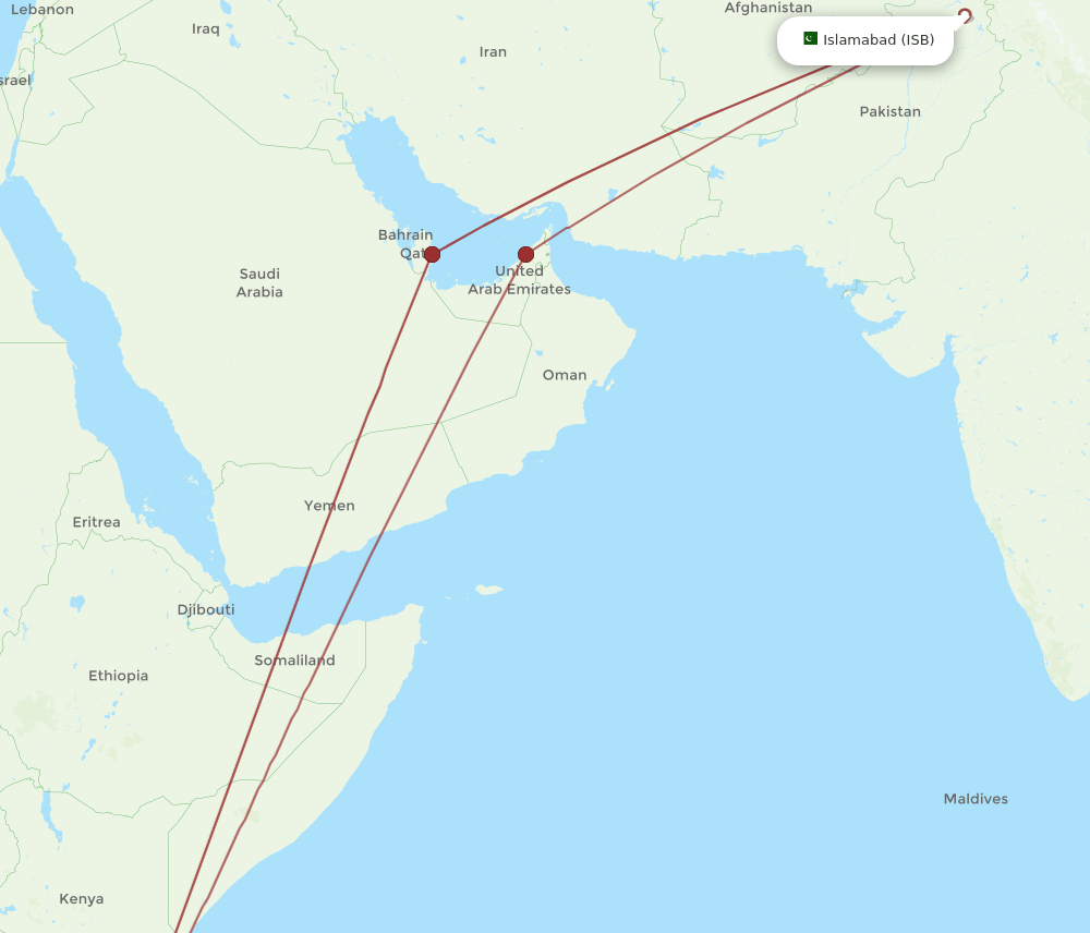 ISB to DAR flights and routes map