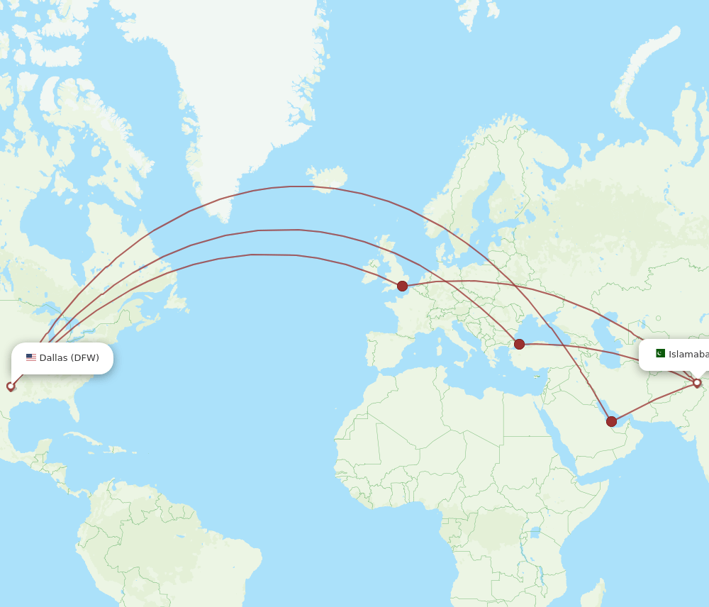 ISB to DFW flights and routes map