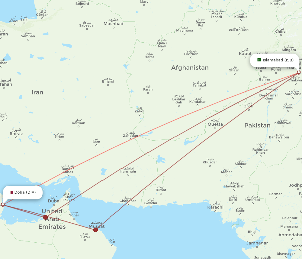 Islamabad - Doha route map and flight paths