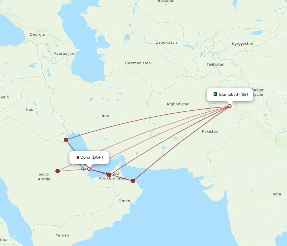 ISB to DOH flights and routes map