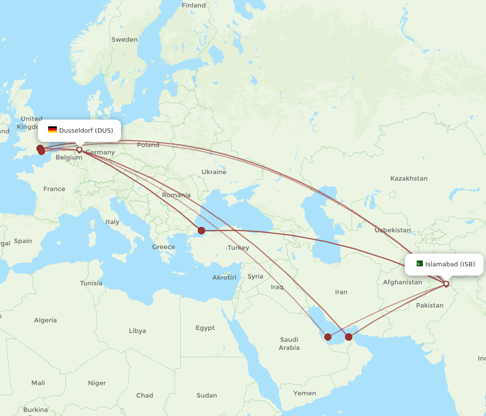 ISB-DUS flight routes