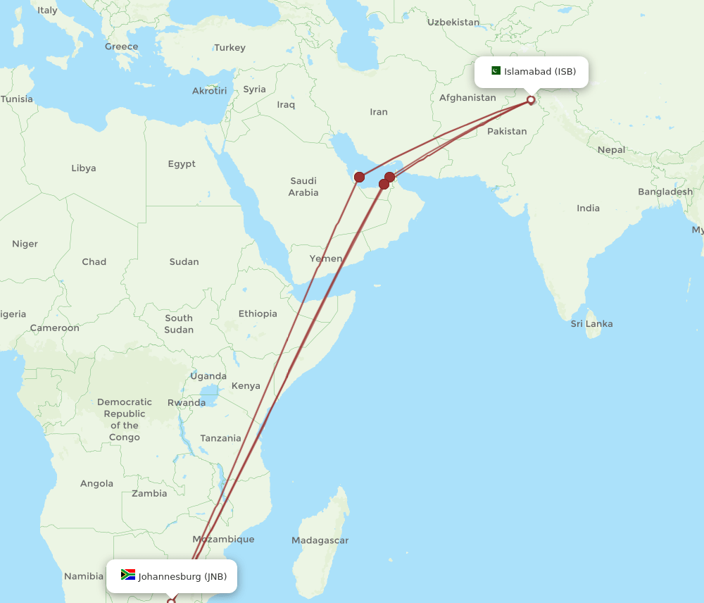 ISB-JNB flight routes