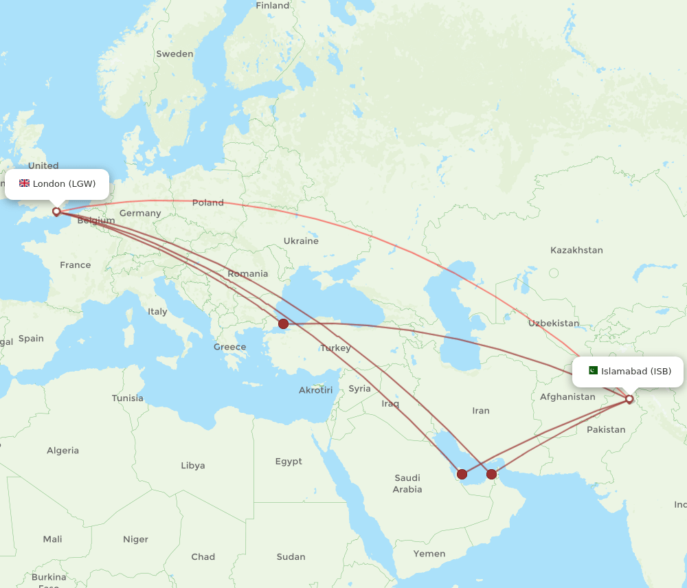 ISB-LGW flight routes
