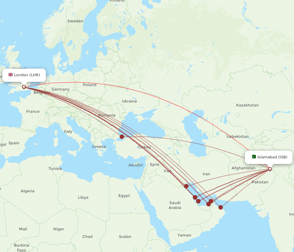 ISB to LHR flights and routes map