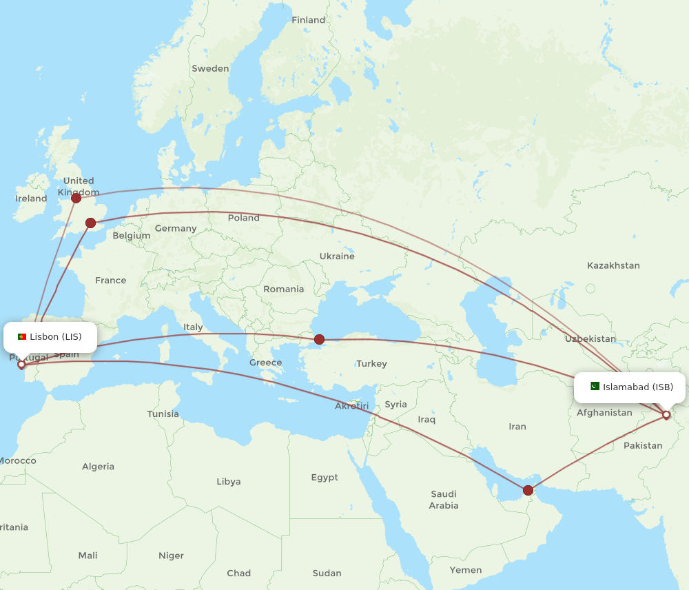 ISB-LIS flight routes
