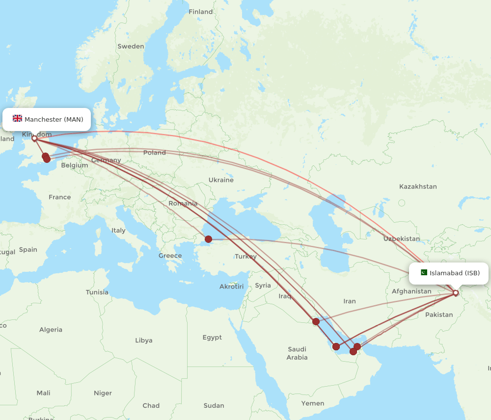ISB-MAN flight routes