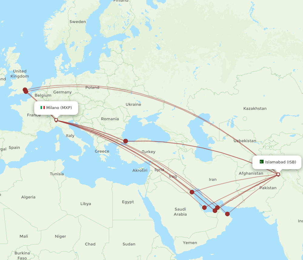 ISB-MXP flight routes