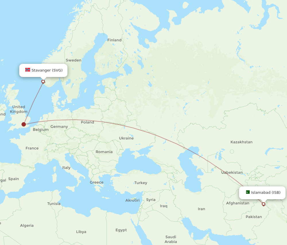 Islamabad - Stavanger route map and flight paths