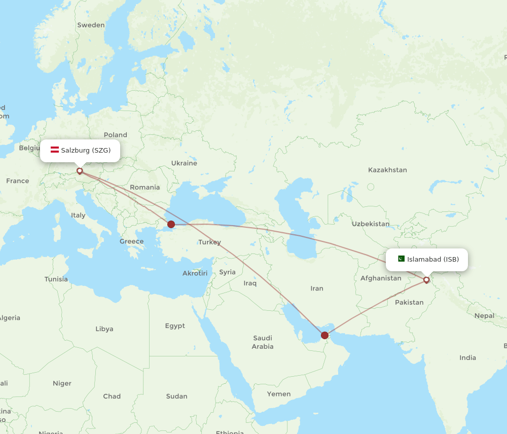 Salzburg - Islamabad route map and flight paths
