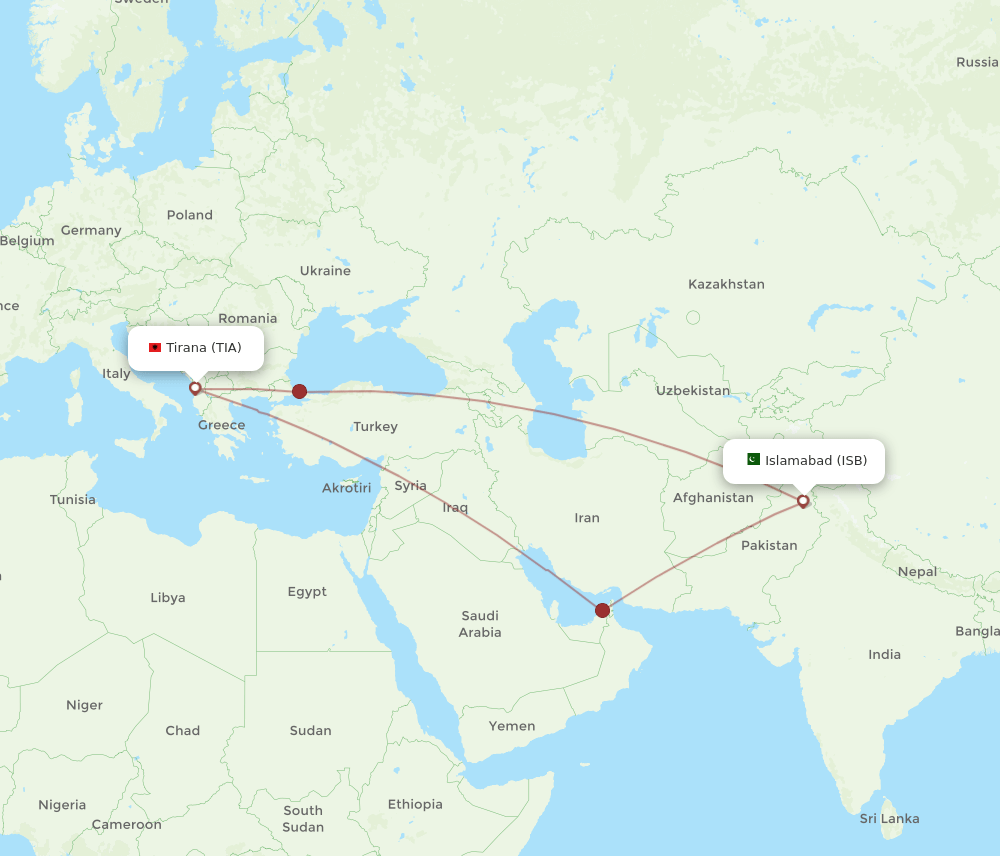 Tirana - Islamabad route map and flight paths