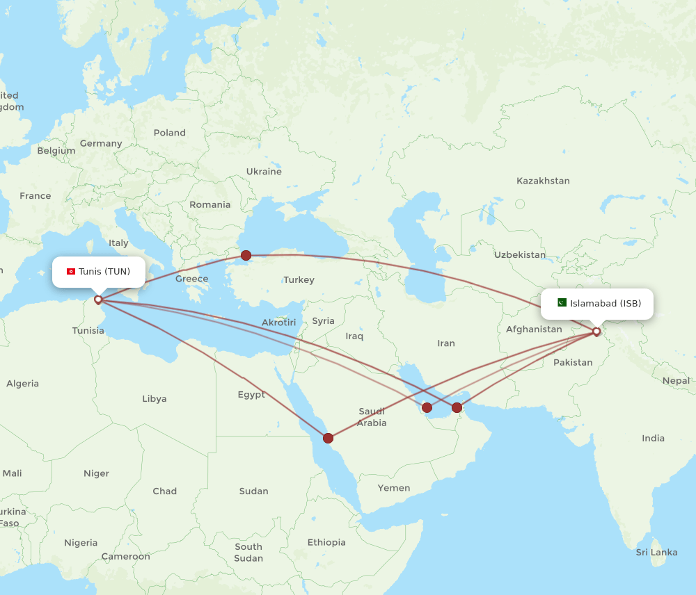 ISB-TUN flight routes