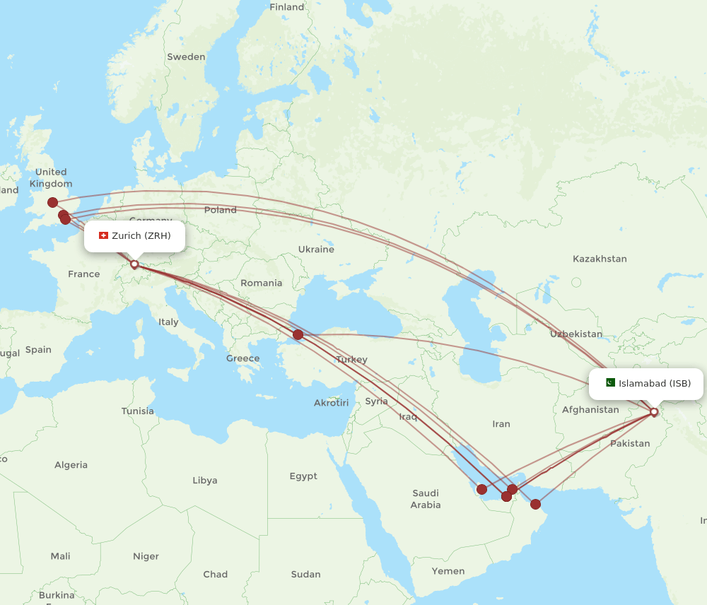 Zurich - Islamabad route map and flight paths