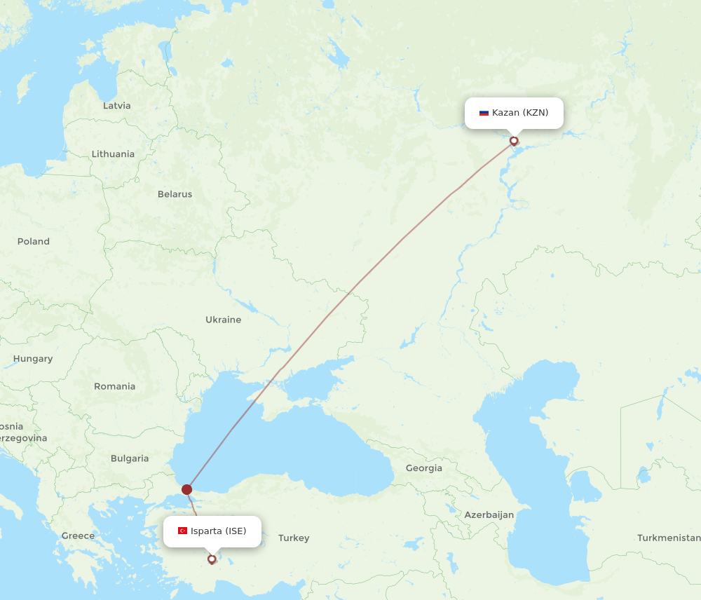 Kazan - Isparta route map and flight paths