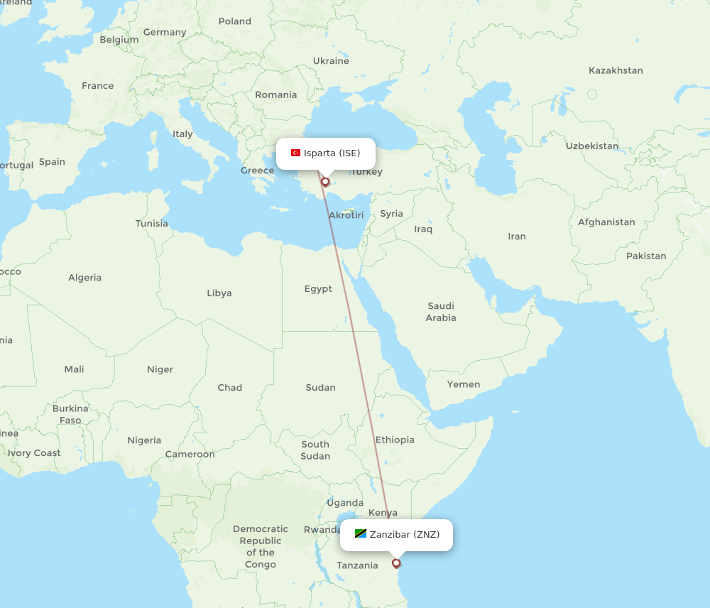 Zanzibar - Isparta route map and flight paths