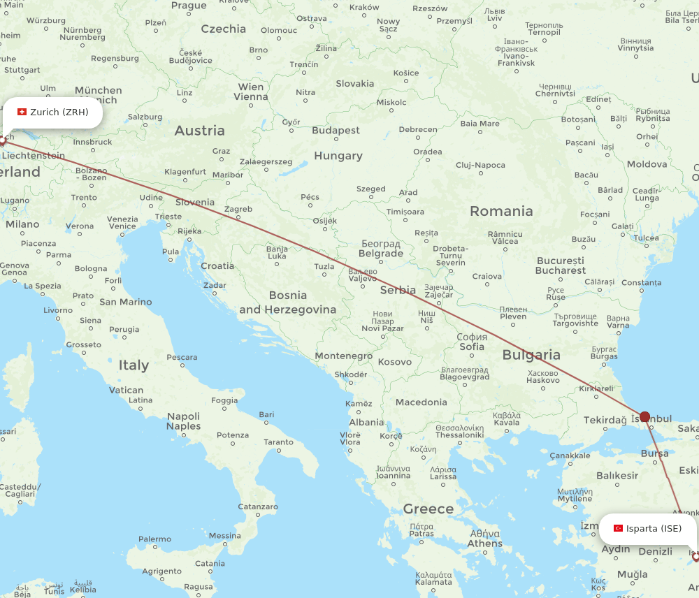 Zurich - Isparta route map and flight paths