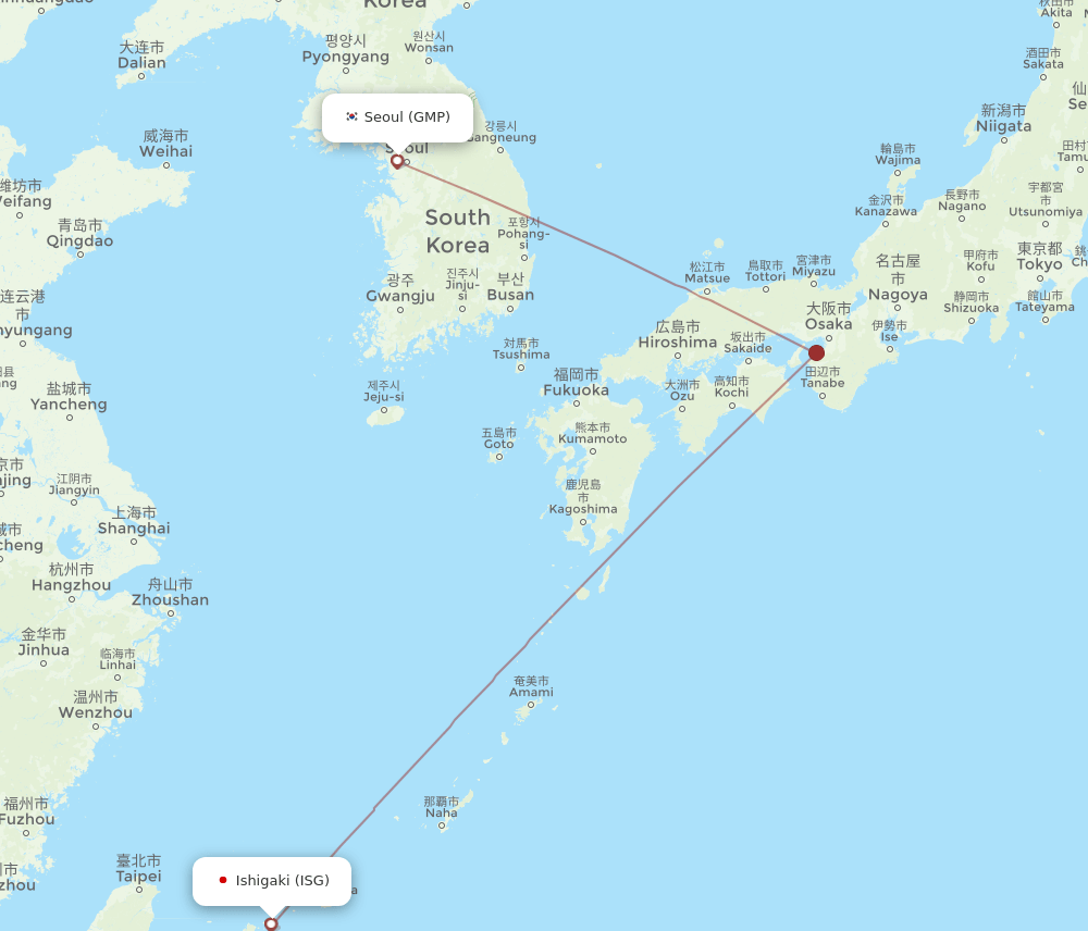 Seoul - Ishigaki route map and flight paths
