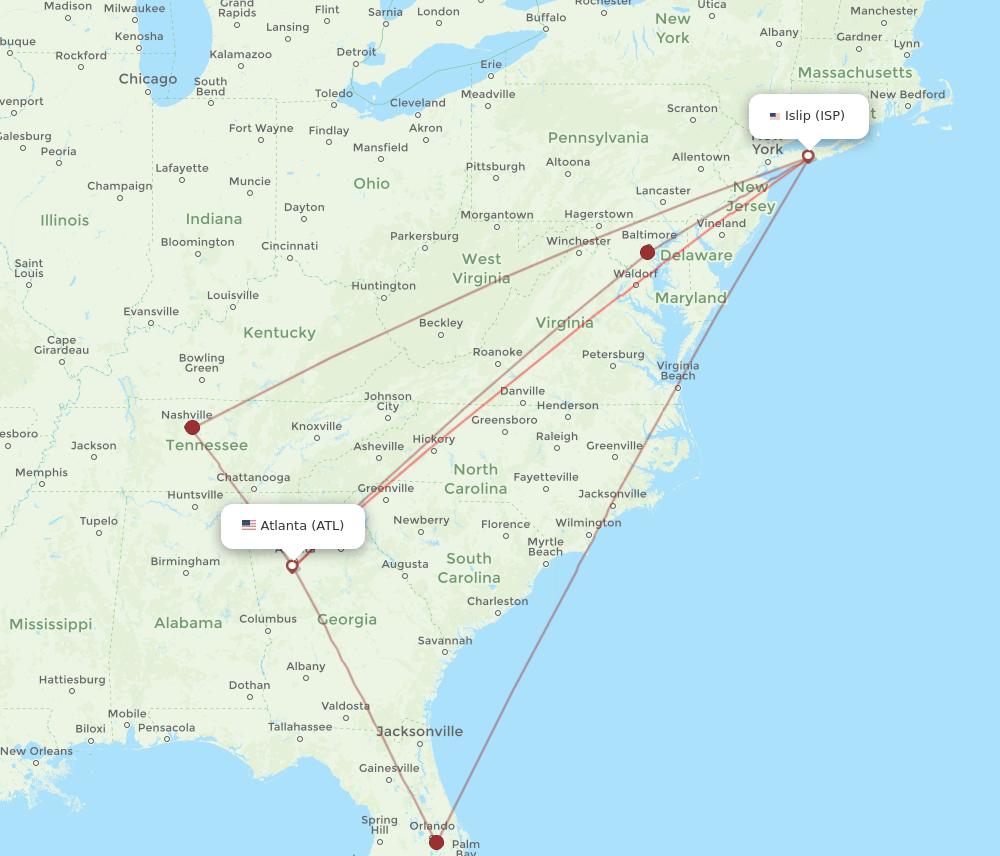 ISP to ATL flights and routes map