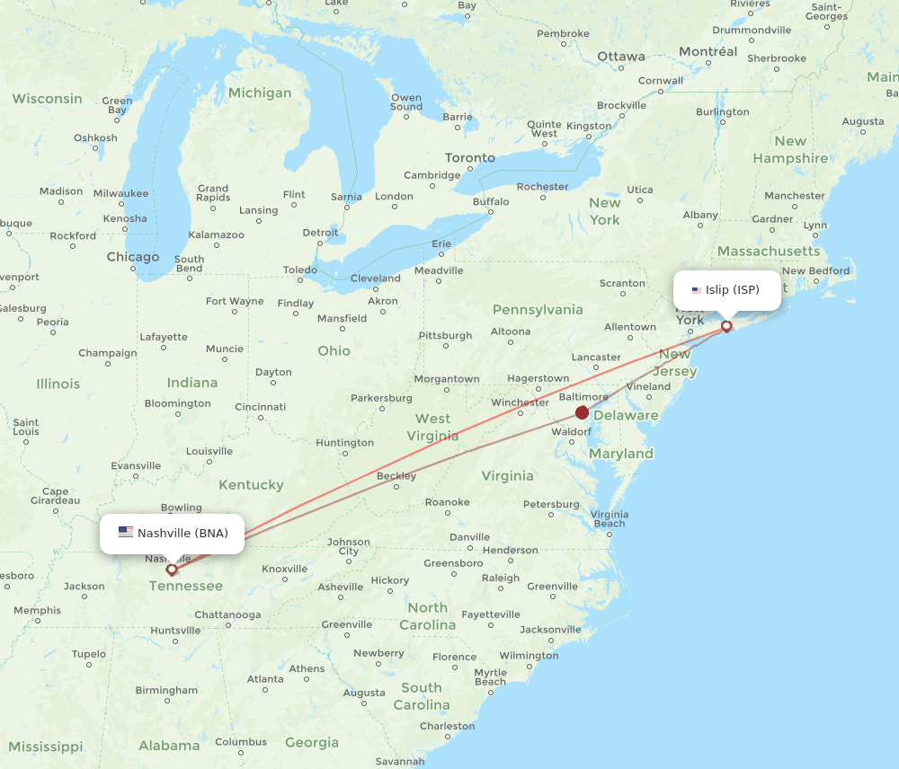 ISP-BNA flight routes