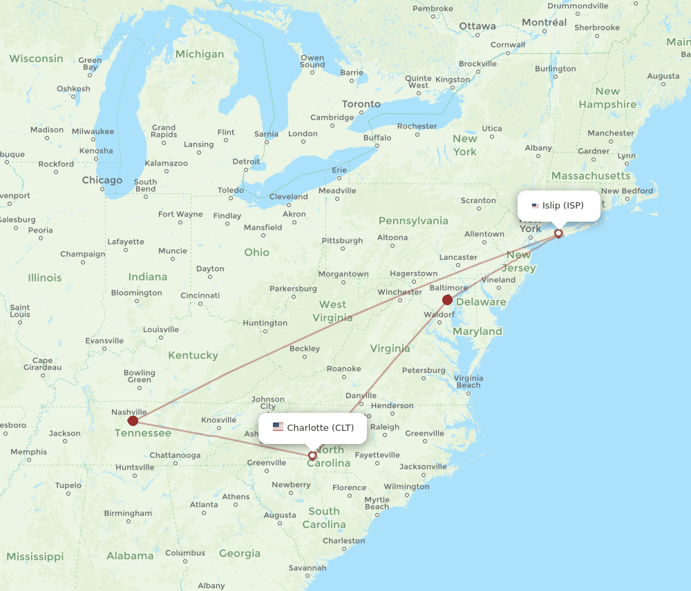 ISP-CLT flight routes