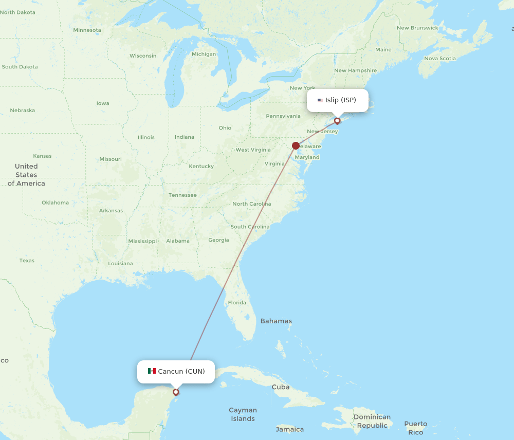 ISP-CUN flight routes